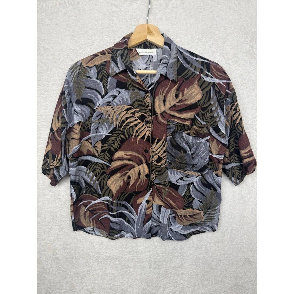 Vintage David Benjamin Botanical Print Boxy Button Down Camp Shirt Tropical Leaf